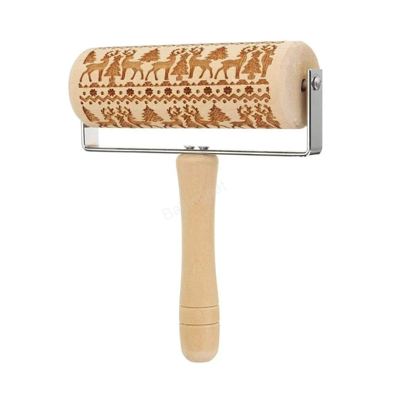 Wooden embossing rolling pin Reindeer Xmas Tree & Snowflakes