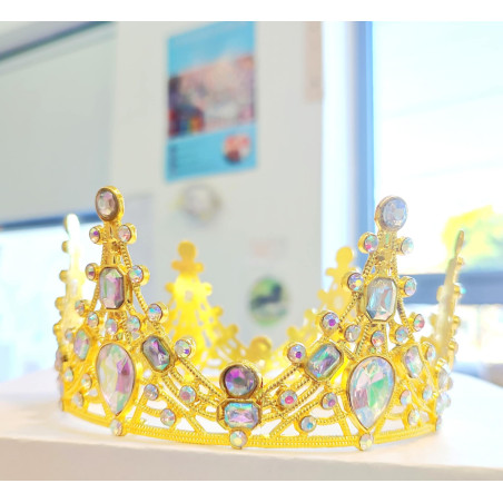 Tall golden crown with multiple colours gems