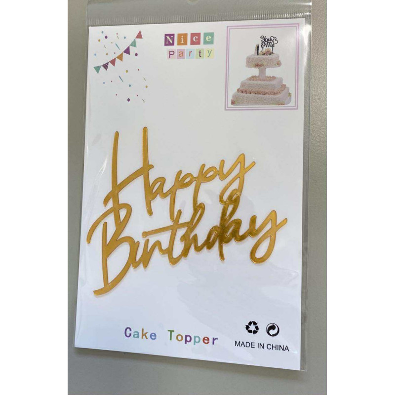 Front facing cake topper happy birthday golden