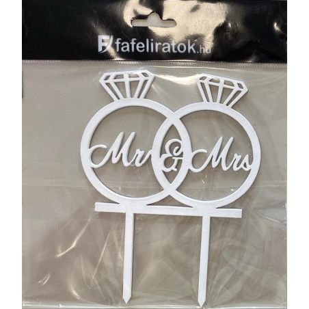 Wedding White Wooden Cake Topper Mr & Mrs Rings