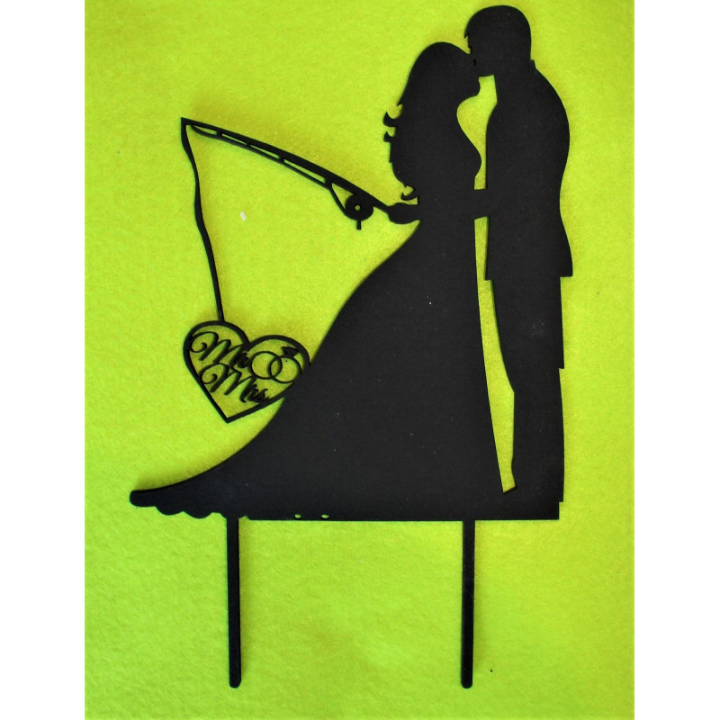 Wedding Black Wooden Cake Topper Fishing