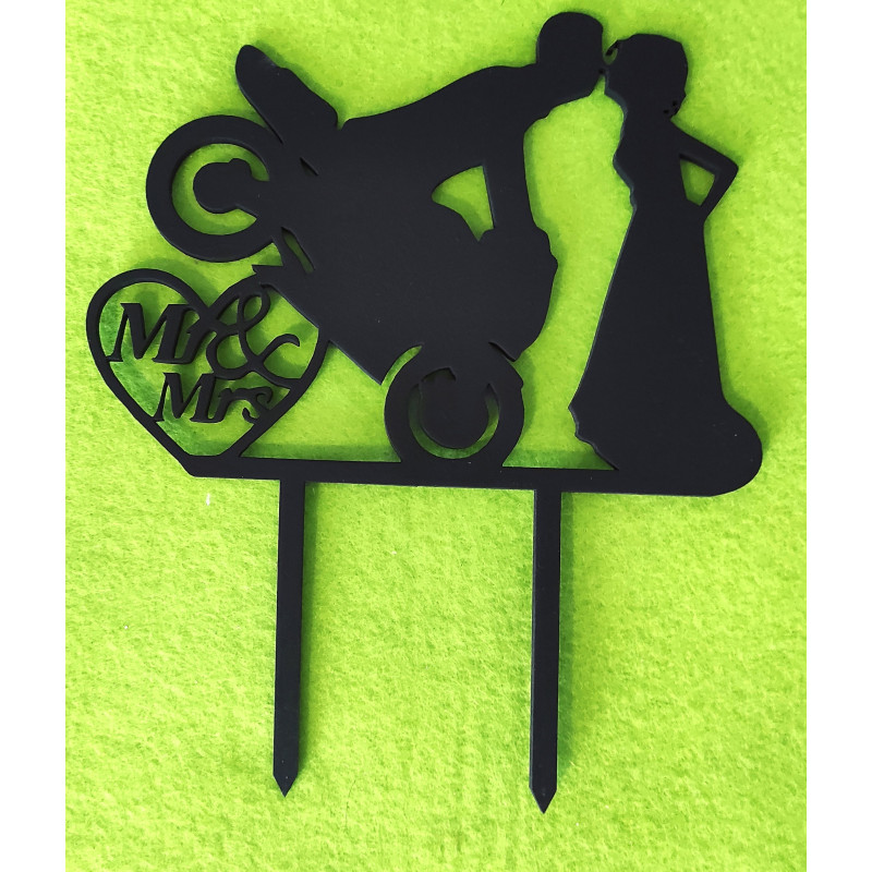 Wedding Black Wooden Cake Topper Mr&Mrs Motorcycle