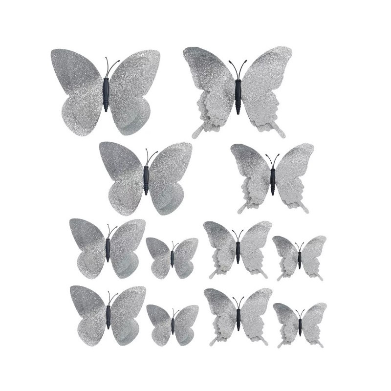 Butterfly decorations magnetic - silver (12 pcs)