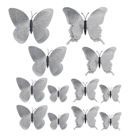 Butterfly decorations magnetic - silver (12 pcs)