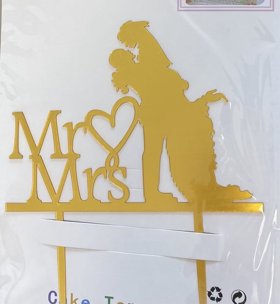 Esküvői beszúró Mr and Mrs emelős arany akril