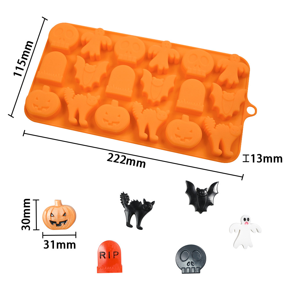 Halloween szilikon forma, 18 üreges – tök, szellem, macska, denevér, koponya, sírkő